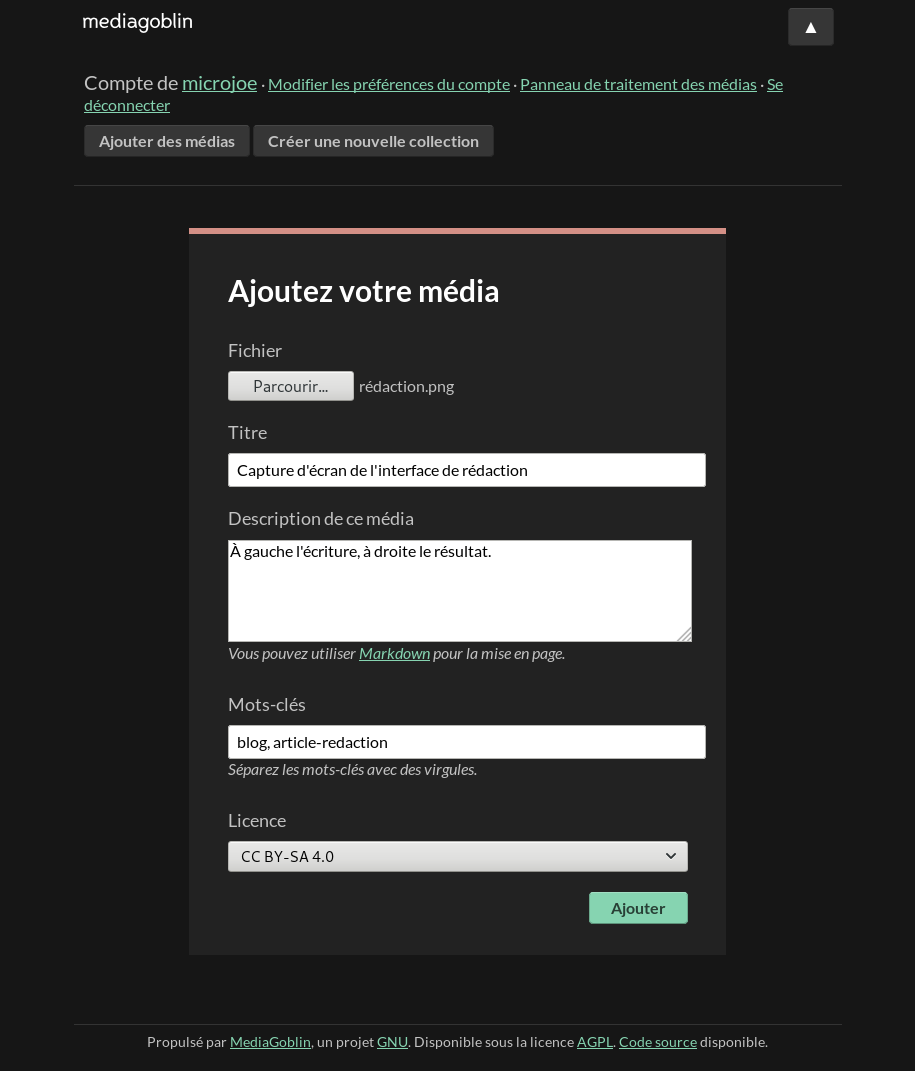 Interface d'ajout de média de MediaGoblin